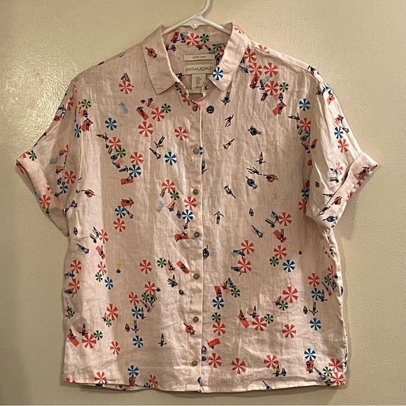 CYNTHIA ROWLEY NWOT Linen Beach Print Buttondown Shirt - Picture 2 of 6